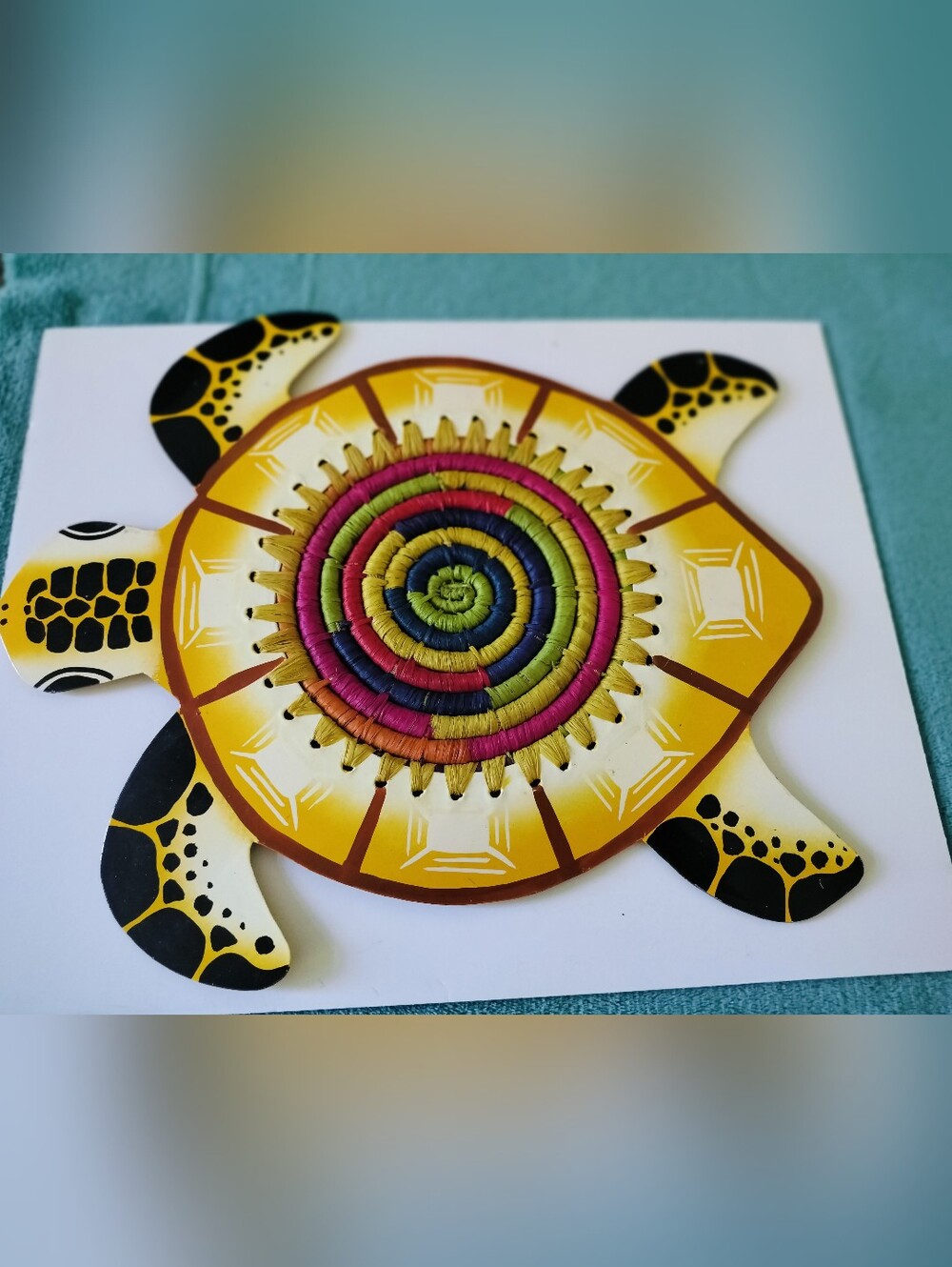 Vintage Handcrafted Coiled Sweetgrass & Metal Turtle Wall Art / Trivet
